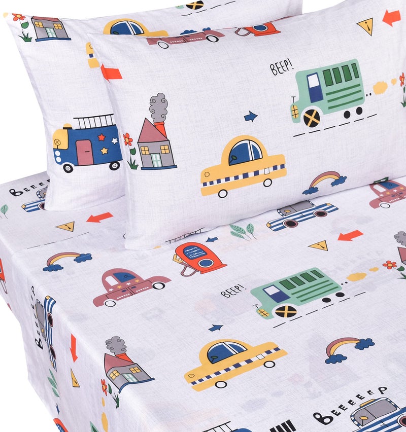 J-pinno Cars Bus Traffic Transport Boys Full Sheet Set Bedroom Decoration Gift, 100% Cotton, Flat Sheet + Fitted Sheet + Pillowcase Bedding Set (12, Full) - Image 1